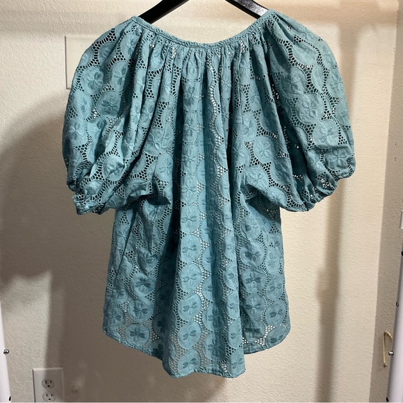 Never a Wallflower Gathered V-Neck Top Beryl Blue Eyelet Size XS - Picture 5 of 12